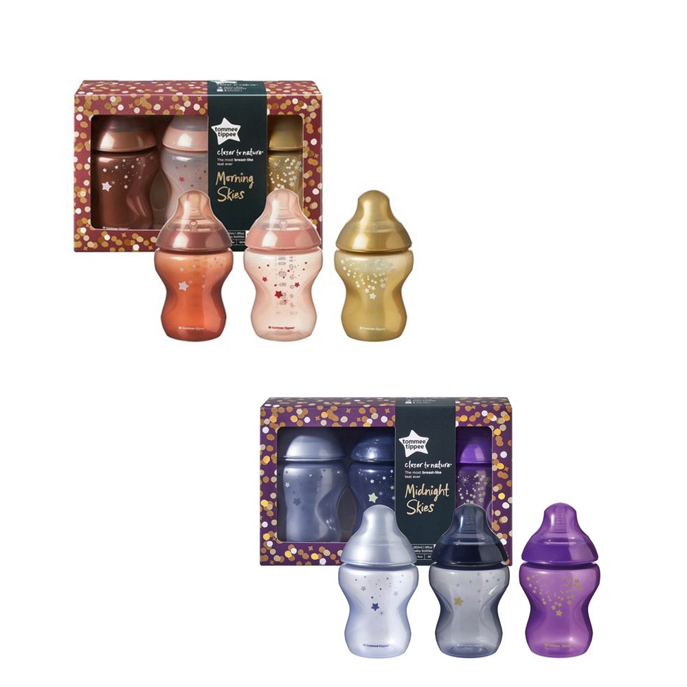 [3M+] Tommee Tippee Morning or Midnight Skies Bottle 3pk ทอมมี่ทิปปี้ ขวดนม พร้อมจุกนมสำหรับ 3 เดือนขึ้นไป 422597 422598