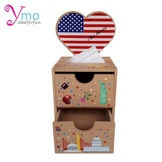 Tissue Pop Up Box with Drawer Box กล่องใส่กระดาษทิชชู่ป๊อบอัพ พร้อมลิ้นชักใส่ของ งาน Handmade ไม้ Ymo ลายAmerica ของขวัญ