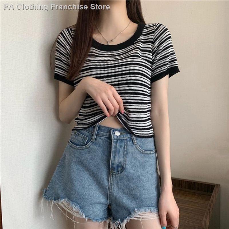 JJ Shopพร้อมส่ง เสื้อไหมพรมแขนสั้น ทางลายเล็กน่ารัก 7617 - y2lmp909j1 ...