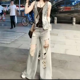 เสื้อกั๊กยีน ขากว้าง แต่งรอยขาด สองชิ้น สําหรับผู้หญิง