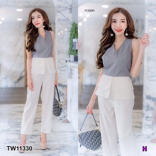 11330 Jumpsuit จั๊มสูทยาวคอวีแขนกุด