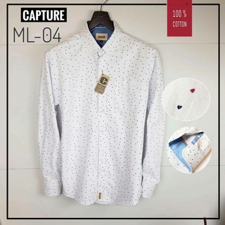 เสื้อเชิ้ตแขนยาว คอปก ผ้า Cotton ลายหัวใจสองสี สีขาว มีถึงไซส์ 4XL อก 48 นิ้ว