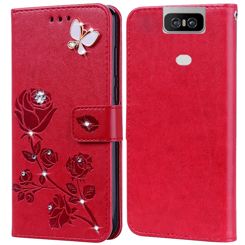 เพชรลายนูนพิมพ์ Rose สําหรับ Asus Zenfone 6 ZS630KL / Zenfone 6Z ZS630KL 2019 6.4 "หนังสือหนังซิลิโค