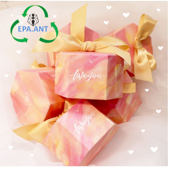 EPA กล่องของขวัญ กล่องของชำร่วย ขนม กล่องDIYสีชมพูไล่ระดับสีเหลือง+ริบบิ้นสีทอง