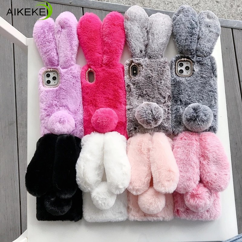 สําหรับrealme 11X 11 10 9 8 Pro Plus 5G Realme 9 9i 8 4G GT5 Pro X2 Proเคสโทรศัพท์สไตล์เกาหลีPlush 3Dยาวหูกระต่ายกระต่ายBunny Hairy Warm Softปกหลัง