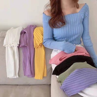 Best clothes (พร้อมส่ง/ใหม่รุ่น 3648-1) เสื้อครอปไหม แขนยาวปาดไหล่ทรงรัดรูป น่ารักแฟชั่นเกาหลี