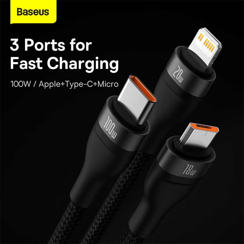 Baseus แฟลชไดรฟ์ อินพุตคู่ 100w และเอาท์พุตสามขา รองรับ QC18W สายข้อมูลสามเส้น PD 20W/PD 18W U + C เป็น M + L + C 1.2 ม.