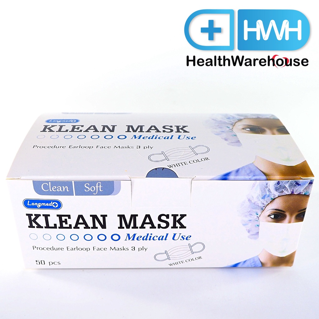 หน้ากากอนามัย Klean Mask Longmed สีขาว (50ชิ้น/กล่อง) Surgical Mask กระดาษปิดจมูก