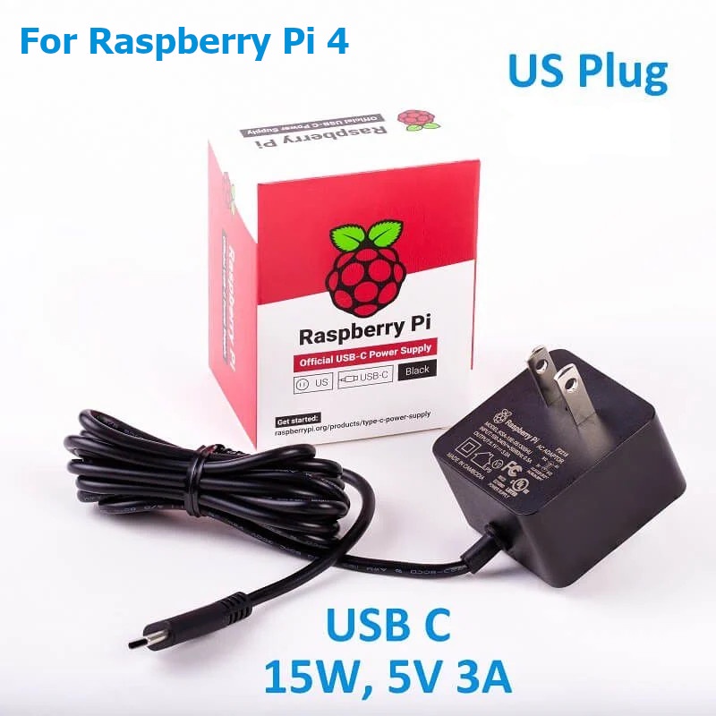 Official Raspberry Pi 4 15W (5V/3A) Power adaptor USB C US Plug Black