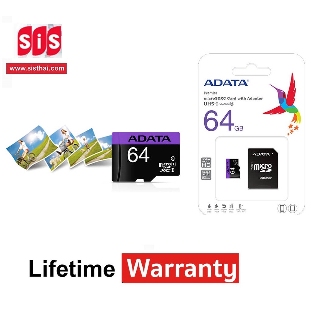 [เก็บคูปองลด50] ADATA Micro SD Card 64GB Class 10 UHS-I with SD Adapter ประกัน Lifetime โดยSIS, ใส่ 