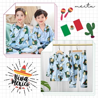 🇹🇭(ส่งจากไทย)ฤดูหนาว ชุดนอนเด็กผ้าซาติน  🐊ลายจระเข้  ชุด2 ชิ้น แขนยาว  boy and girl sleep wear （1-10year）