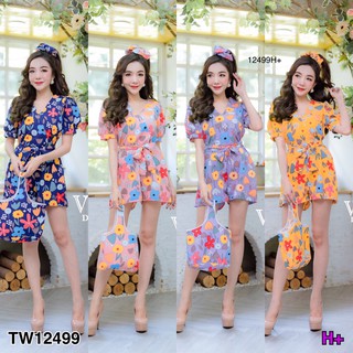 J12499 Jumpsuit จั๊มสูทขาสั้น ป้ายอก มีเชือกผูกเอว+โดนัทมัดผม+กระเป๋าลายดอก