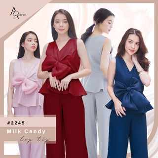 ARINDA Milk Candy Top 2245  : เสื้อแขนกุดคอวี แต่งโบว์ที่เอวผูกได้หลายแบบ