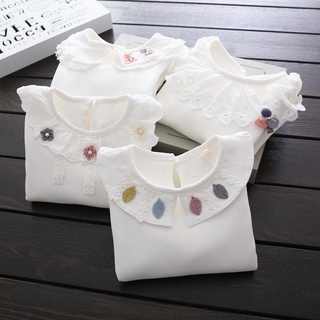 เสื้อยืดแขนยาว คอตุ๊กตา สีขาว สําหรับเด็กผู้หญิง