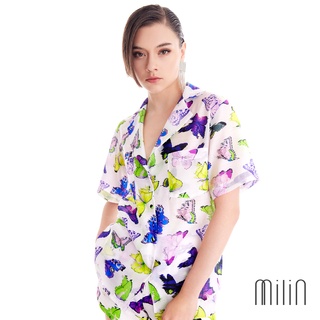 [MILIN] Cressida top Butterfly digital print short sleeve shirt เสื้อเชิ้ตแขนสั้นพิมพ์ลายผีเสื้อ