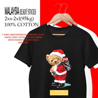 เสื้อยืดผ้าฝ้าย เสื้อยืดคริสต์มาส&lt;T-SHIRT PEREMPUAN LELAKI&gt; T-SHIRT MERRY CHRISTMAS TEDDY SANTA WOMEN MEN KAIN COTTON/Ba