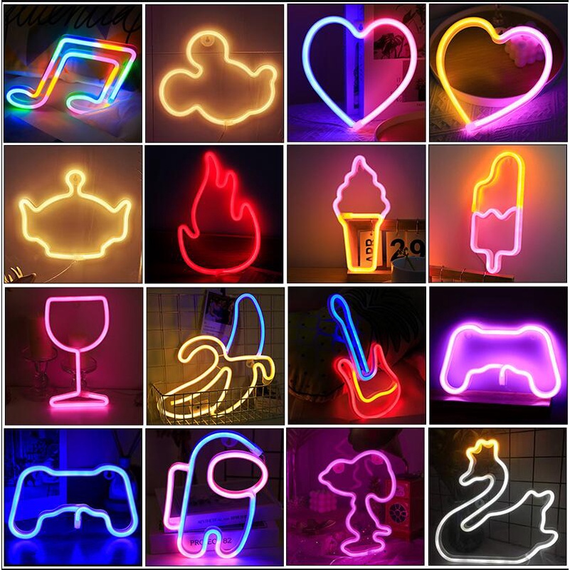 โคมไฟนีออน LED รูปไอศกรีม และ LOVE แก้วไวน์และกีตาร์ หัวใจแห่งความรัก สําหรับแขวนตกแต่งผนังห้องนอน  ไฟติดผนังในห้องนอน ใช้ได้ทั้งถ่านและ USB