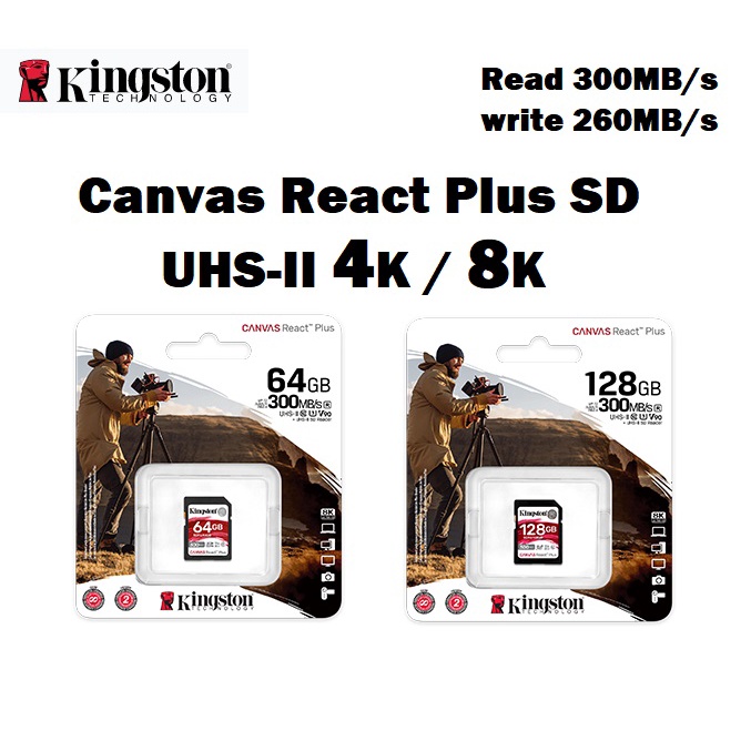 KINGSTON SD Card Canvas React Plus SD SDR2 ความเร็ววิดีโอระดับ UHS-II (V90) 4K 8K มีขนาดให้เลือกที่ 