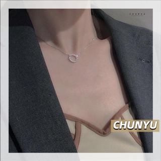 CHUNYU สร้อยเงิน สร้อยเงินพร้อมจี้วงกลมรอบเพชร หรูหรา  สไตล์เกาหลีแบบใหม่ 075