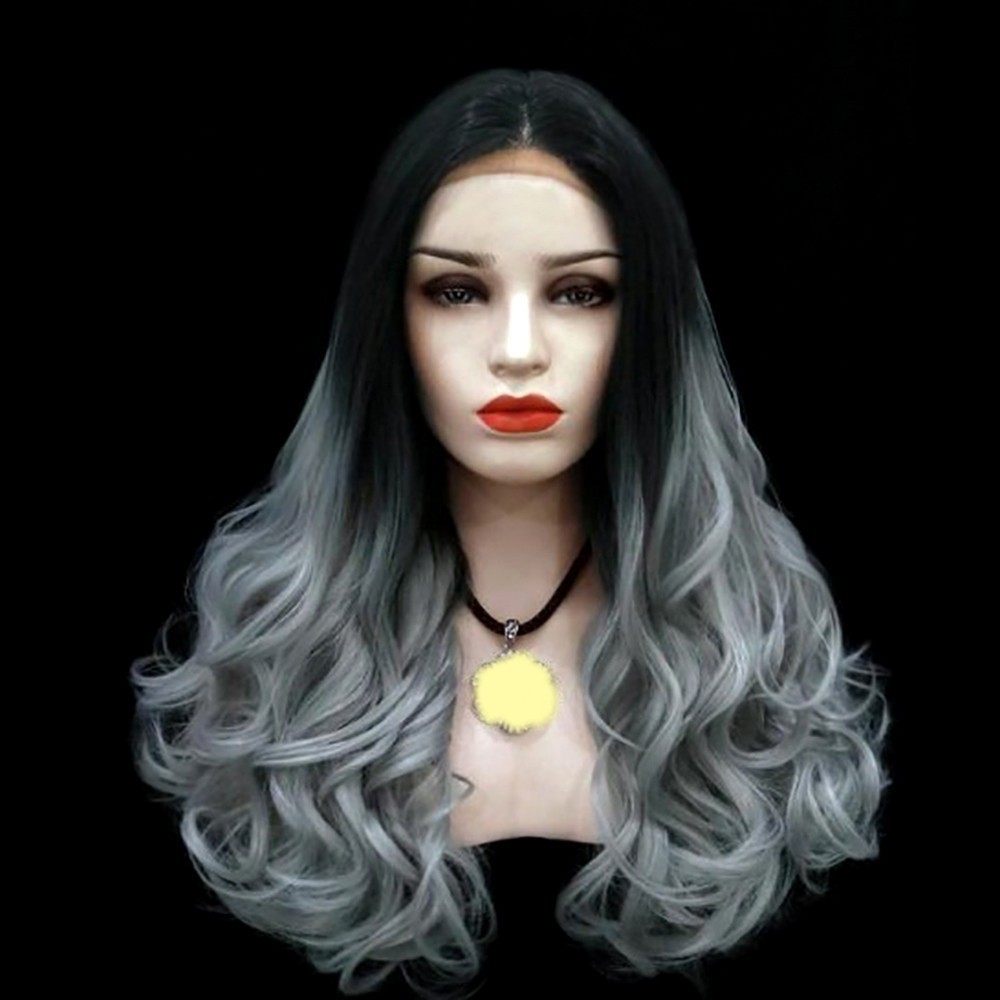Fashion Natural Gery Party Wig Female Long Curly Mixed Colors Hair