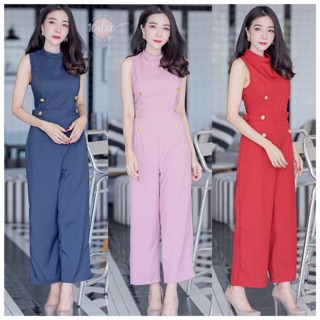 Jumpsuit จั้มสูทขายาว แขนกุด สีพื้นเรียบ