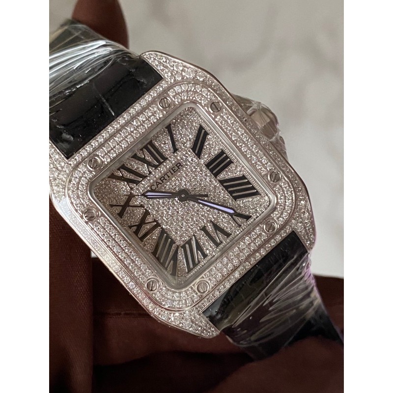 ผ่อน0% Like New Cartier Santos100 size medium  2018 Full diamonds After-setting