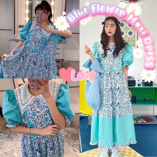 Blue Flower Maxi Dress พร้อมส่ง เดรสคอบัวลายดอกไม้  แขนตุ๊กตาพอง โทนสีฟ้า เดรสทูโทน เดรสงานป้าย