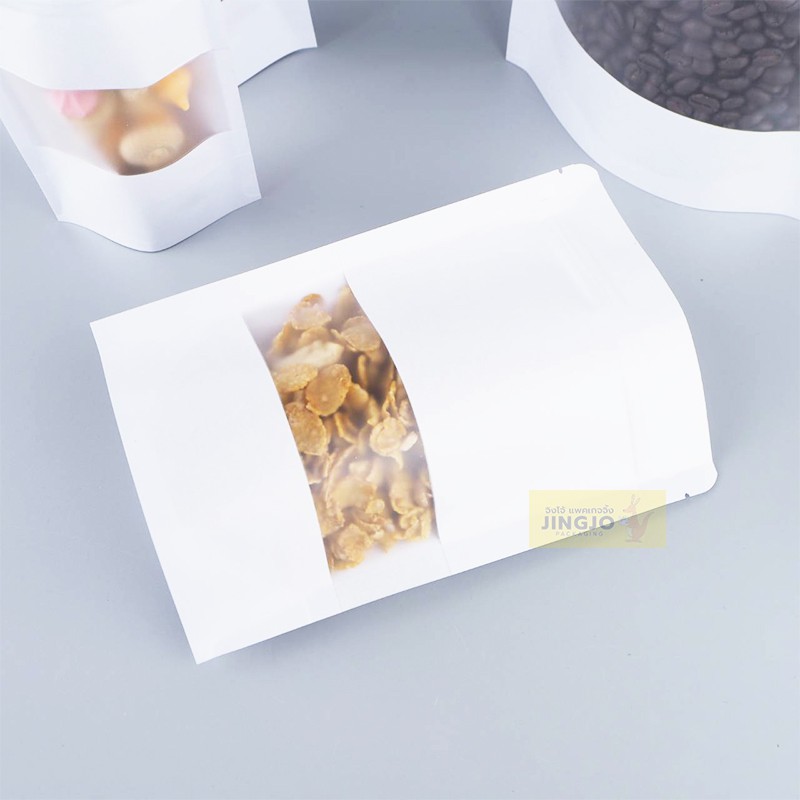 ถุงซิปล็อค ถุงคราฟท์ สีขาว หน้าต่างใส มีซิปล็อค ตั้งได้ บรรจุ 50 ใบ - Jingjo Packaging Ziplock Bags