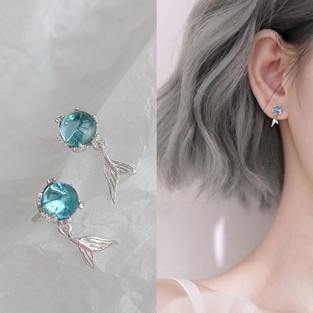 [YY] ต่างหูเงิน 925 โฟม ทรงหางปลา สีฟ้า สไตล์เกาหลี ญี่ปุ่น สําหรับผู้หญิง