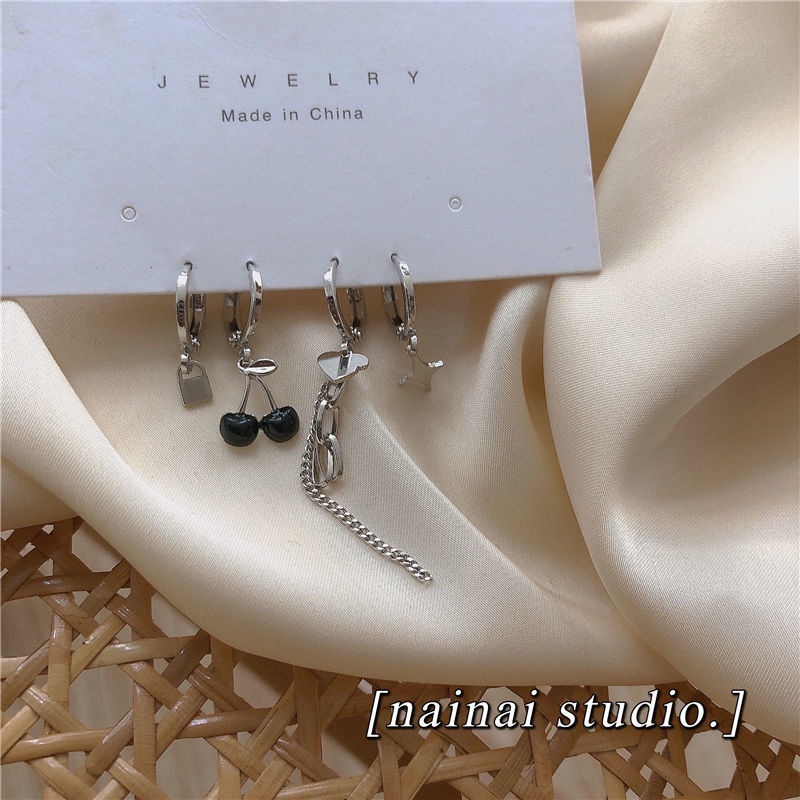 4PCS Black Cherry Earrings Set Simple Design Peach Heart Chain Earrings ราคา ถูกที่สุด ดีลบีเคเค แกลเลอรีภาพที่ 8