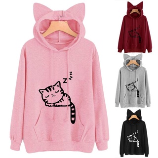 เสื้อกันหนาว ผ้าฟลีซ พิมพ์ลายหูแมว และตัวอักษร Im a Cat น่ารัก สําหรับผู้หญิง