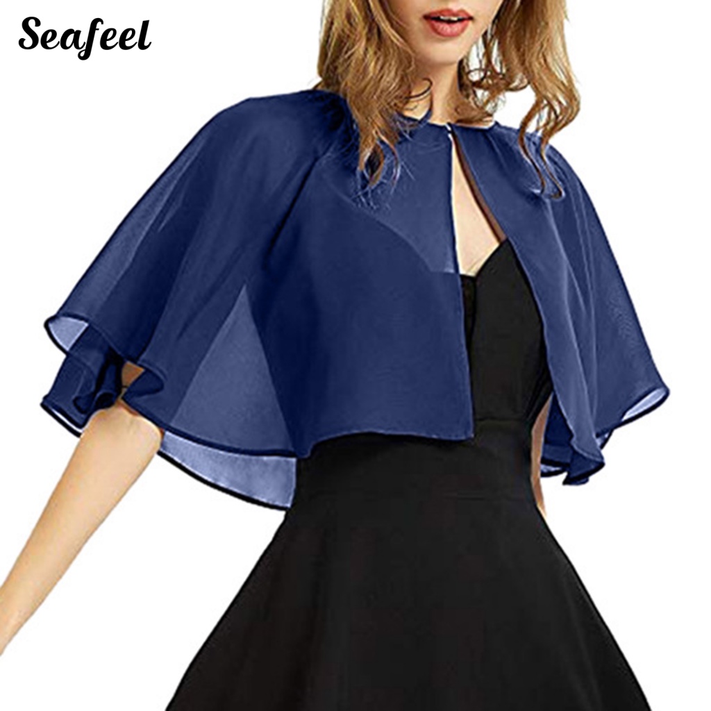 Seafeel_ ผ้าคลุมไหล่ ผ้าชีฟอง ซีทรู ทรงหลวม ขนาดเล็ก กันแดด กระดุมด้านหน้า อุปกรณ์เสริม สําหรับเสื้อผ้า