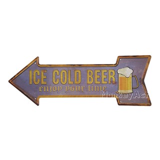 ป้ายสังกะสีวินเทจ Ice Cold Beer, Enjoy your time (ปั๊มนูน)