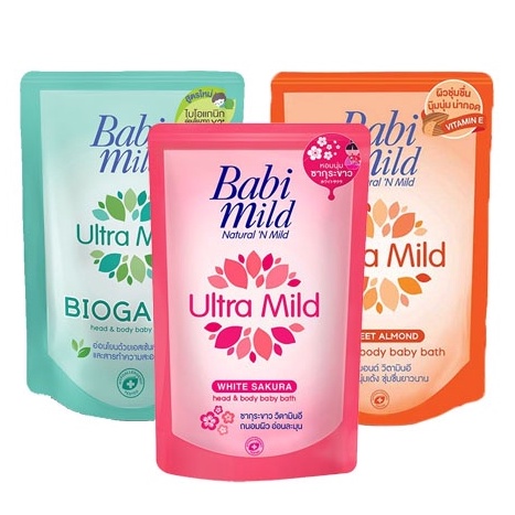 BabiMild ชนิดเติม ผลิตภัณฑ์สบู่เหลว เบบี้มายด์ อัลตร้ามายด์ ไวท์ ซากุระ, ไบโอแกนิก, สวีท อัลมอนด์ 350ml.ถุงเติม