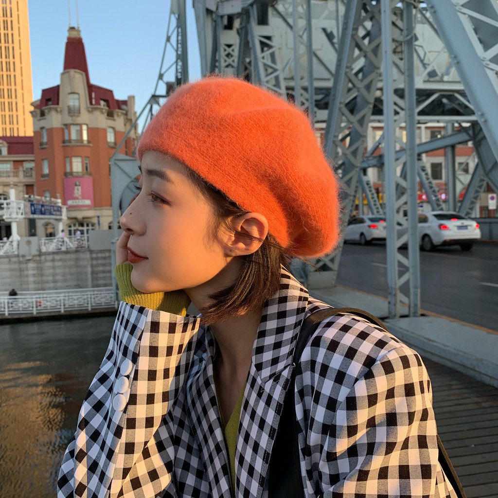 เกาหลีคุณภาพสูงสีทึบกระต่ายขนหมวกเบเร่ต์หญิงฤดูใบไม้ร่วงฤดูหนาวเวอร์ชั่นเกาหลีหมวกญี่ปุ่นหวานน่ารักจิตรกรหมวก