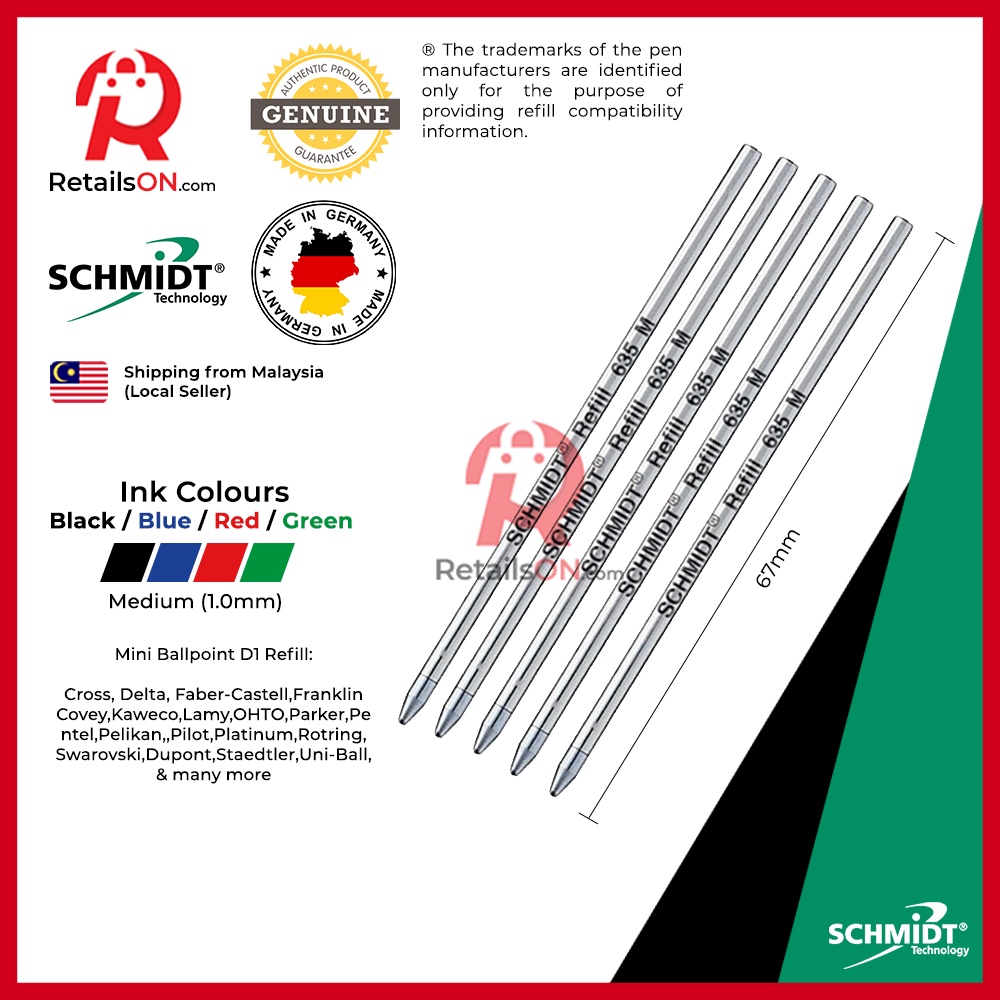 Schmidt Refill S635 D1 for Mini Ballpoint Pens - Medium (M) Standard D1 Mini Ballpoint Refill [1 แพ็