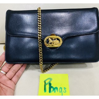 CELINE VINTAGE NAVY LEATHER HORSE CARRIAGE CHAIN SHOULDER BAG