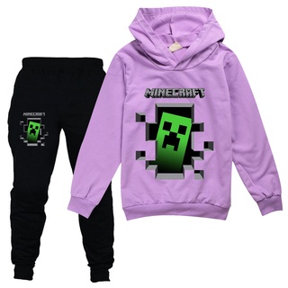 Minecraft ชุดเสื้อกันหนาว มีฮู้ด กางเกง ผ้าฝ้าย สําหรับเด็กผู้ชาย และเด็กผู้หญิง 2 ชิ้น ต่อชุด