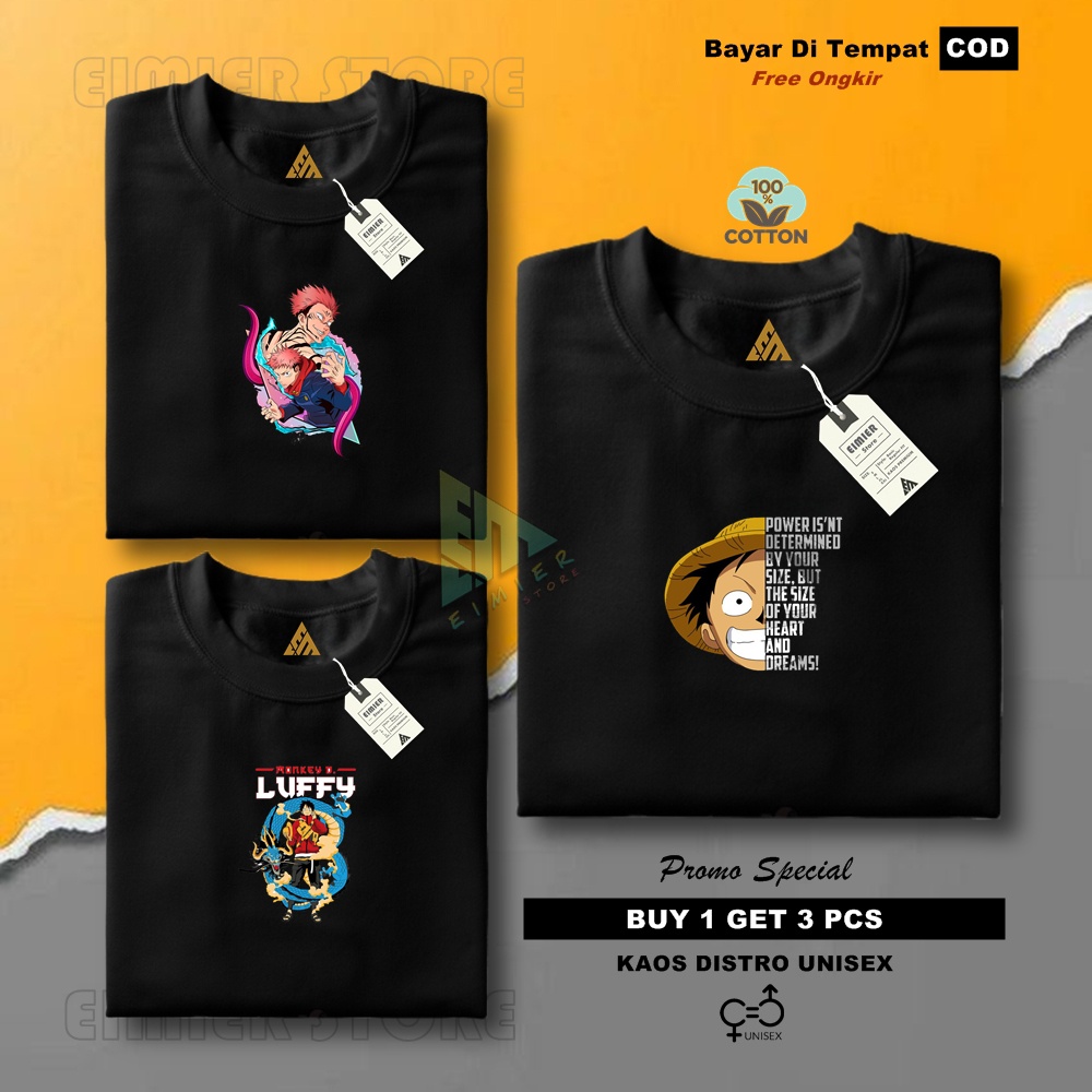 Katun ซื้อ 1 หรือ 3 ชิ้น EIMIER STORE - เสื้อยืดผู้ชาย Distro หวีหนา 100% 30s Cotton - Monkey D Luff