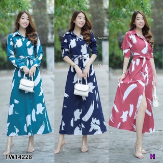 Maxi Dress เดรสเชิ้ตยาว กระดุมหน้า แขนยาว มีเชือกผูกเอว เนื้อผ้า 100D พิมพ์ลาย