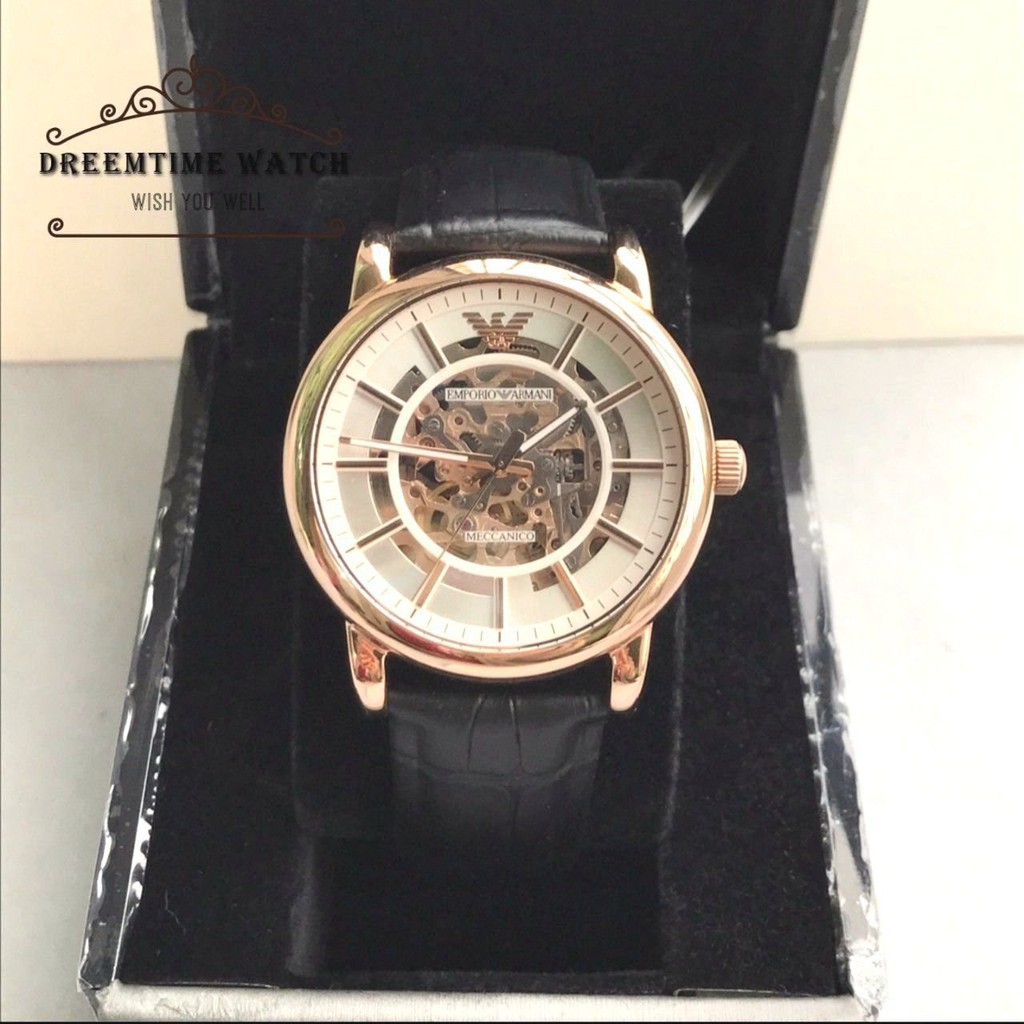 Ar60007 ARMANI Amani Rose Gold สายหนังสีดำ Hollow เด็กชายและเด็กหญิงนาฬิกา 42mm ~ 43mm