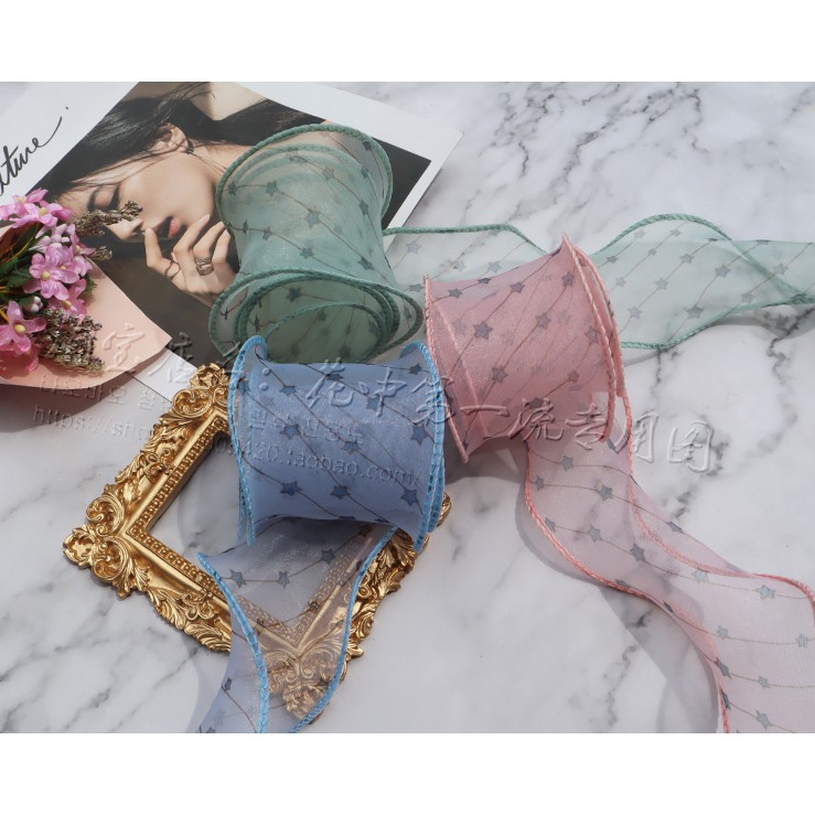 พร้อมส่ง ริบบิ้นผ้าลายดาว ผ้าโปร่งแนวเกาหลี ขนาด 5.5 ซม. (ขายเป็นหลา)