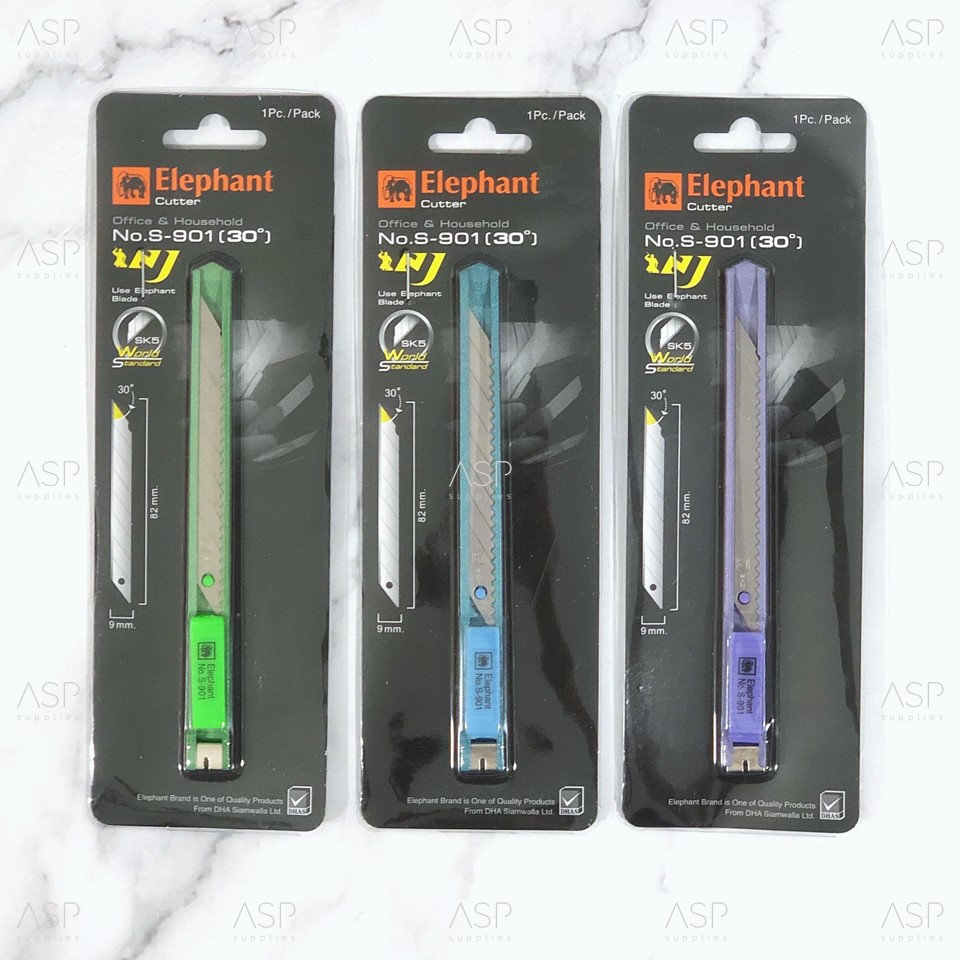 คัตเตอร์ปลายแหลม ตราช้าง Elephant no.S-901 ใบมีดเอียง 30 องศา (คละสี 1ชิ้น)