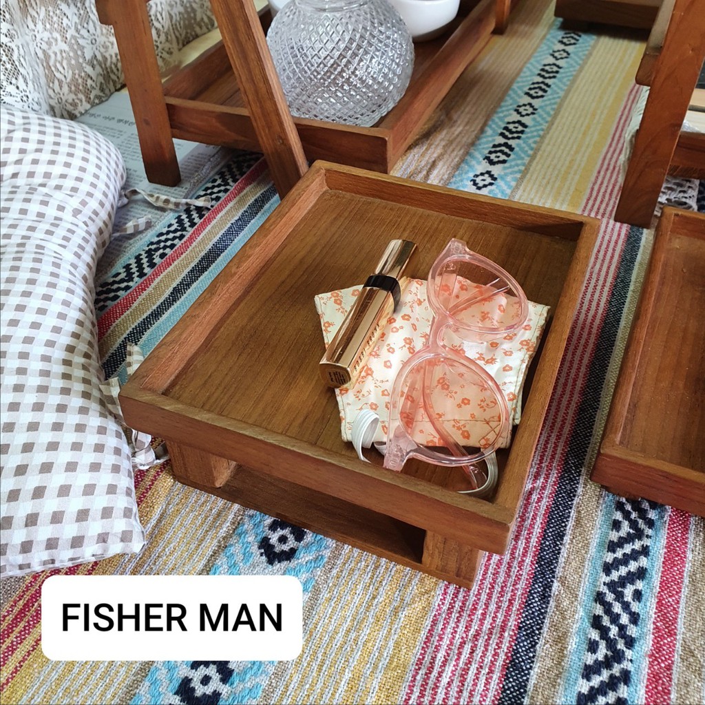 ถาดรองงานไม้สัก แบบขาคู่ สำหรับวางของเก็บของบนโต๊ะ