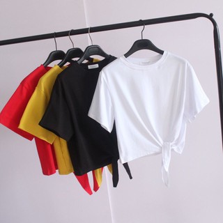 🎀พร้อมส่งเสื้อยืดเสื้อครอปเอวลอยแฟชั่นสไตล์เกาหลีแขนสั้น โชว์สะดือเอวนิดเสื้อผูกโบว์🎀ทรงสวยผ้าดีนิ่มๆ #9113