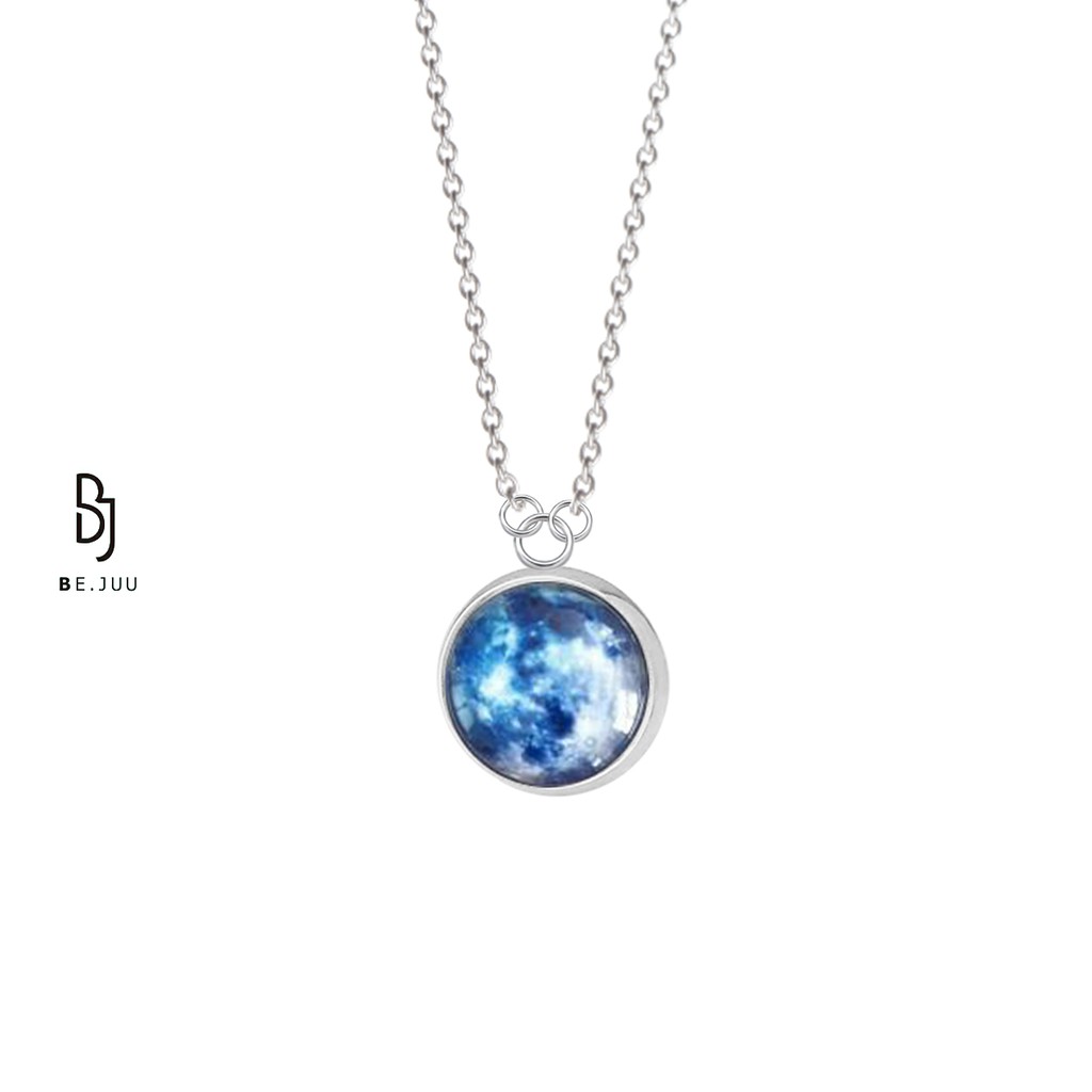 BE.JUU Full Moon Glow in the Dark Blue Silver Link Necklace Jewelry Accessories
