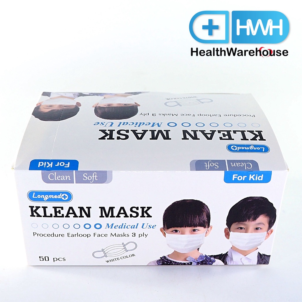 หน้ากากอนามัยเด็ก Klean Mask for Kid Longmed Kids สีขาว (50ชิ้น/กล่อง) Surgical Mask กระดาษปิดจมูก สำหรับ เด็ก Klean Mas