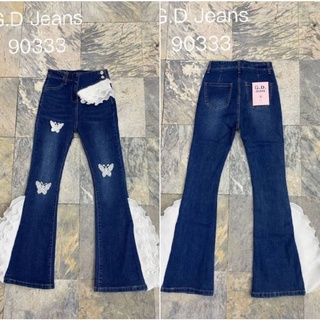 G.D.Jeans รุ่น 90333#กางเกงยีนส์แฟชั่นขายาวผ้ายืดทรงขาม้าสีเข้มแต่งลูกไม้ขาวแบบเก๋ๆ