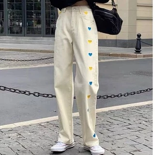 SHOP_MKL🌿กางเกงยีนส์ขายาวผู้หญิง ผ้ายีนส์ ทรงบอย เอวสูง ลายปักหัวใจ สไตล์วินเทจ ใส่ได้ทั้งชายและหญิง#8029