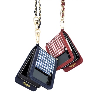 Galaxy Z Flip 3 Flip 4 Card Slot Hound Checkered Case with wrist strap - black, red, navy / flip4 5g phone casing chain detachable